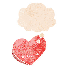 cartoon love heart with face and thought bubble in retro textured style