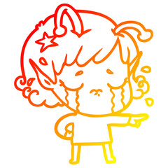 warm gradient line drawing cartoon crying alien girl
