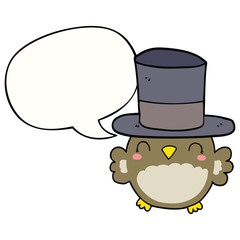 cartoon owl wearing top hat and speech bubble