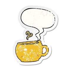 cartoon coffee cup and speech bubble distressed sticker
