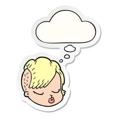 cartoon female face and thought bubble as a printed sticker