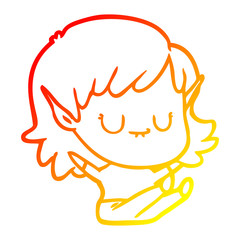 warm gradient line drawing happy cartoon elf girl sitting