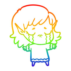 rainbow gradient line drawing cartoon crying elf girl
