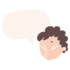 cartoon suspicious man and speech bubble in retro style