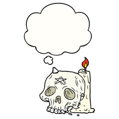 cartoon spooky skull and candle and thought bubble