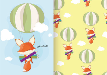 Cute hand drawn fox back to school concept with pattern set.