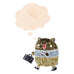 cute cartoon business bear and thought bubble in retro textured style