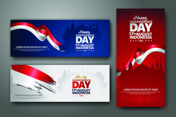 Indonesian Independence day celebration banner set. 17th of August felicitation greeting vector illustration. modern backgrounds with grunge style indonesian flag and silhouette icon city of indonesia