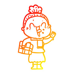 warm gradient line drawing cartoon happy old woman