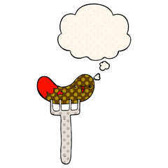 cartoon sausage and fork and thought bubble in comic book style