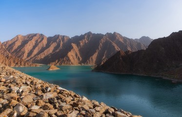 Hatta Dam Lake scenery in eastern Dubai, United Arab Emirates