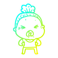cold gradient line drawing cartoon angry old woman
