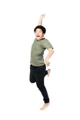 Portrait of happy little Asian child jumping isolated on white