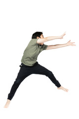 Portrait of happy little Asian child jumping isolated on white