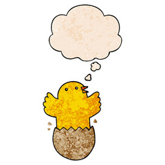 cartoon hatching bird and thought bubble in grunge texture pattern style