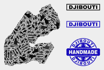 Fototapeta premium Vector handmade composition of Djibouti map and unclean watermarks. Mosaic Djibouti map is constructed of randomized hands. Blue watermarks with unclean rubber texture.