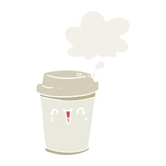 cartoon take out coffee and thought bubble in retro style