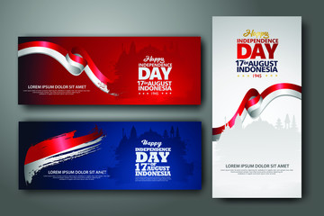 Indonesian Independence day celebration banner set. 17th of August felicitation greeting vector illustration. modern backgrounds with grunge style indonesian flag and silhouette icon city of indonesia