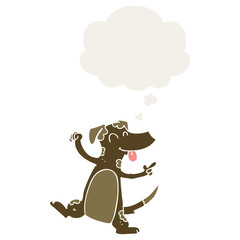 cartoon dancing dog and thought bubble in retro style
