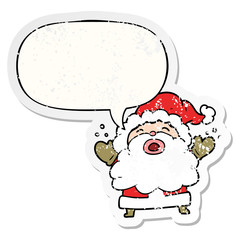 cartoon santa claus shouting in frustration and speech bubble distressed sticker