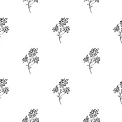 Seamless hand drawn pattern of abstract daisies flowers isolated on white background. Vector floral illustration. Cute doodle modern isolated pop art elements. Outline