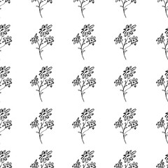 Seamless hand drawn pattern of abstract daisies flowers isolated on white background. Vector floral illustration. Cute doodle modern isolated pop art elements. Outline