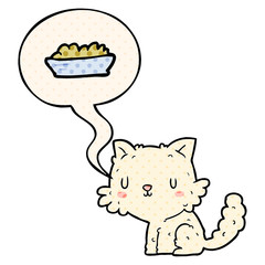 cute cartoon cat and food and speech bubble in comic book style