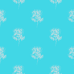 Seamless hand drawn pattern of abstract rose flowers isolated on blue background. Vector floral illustration. Cute doodle modern isolated pop art elements. Outline