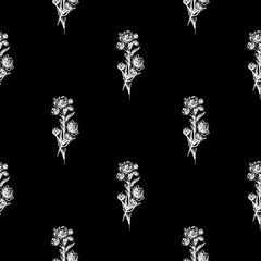 Fototapeta premium Seamless hand drawn pattern of abstract rose flowers isolated on black background. Vector floral illustration. Cute doodle modern isolated pop art elements. Outline