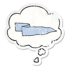 cartoon waving banner and thought bubble as a distressed worn sticker