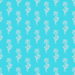 Seamless hand drawn pattern of abstract rose flowers isolated on blue background. Vector floral illustration. Cute doodle modern isolated pop art elements. Outline