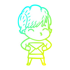 cold gradient line drawing cartoon woman thinking