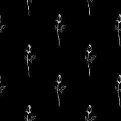 Seamless hand drawn pattern of abstract rose flowers isolated on black background. Vector floral illustration. Cute doodle modern isolated pop art elements. Outline