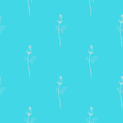 Seamless hand drawn pattern of abstract rose flowers isolated on blue background. Vector floral illustration. Cute doodle modern isolated pop art elements. Outline