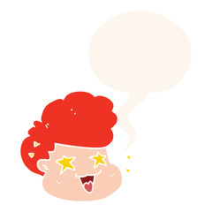 cartoon excited boy and speech bubble in retro style