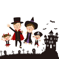 ポップな家族　ハロウィンの衣装を着て元気にジャンプ　背景あり