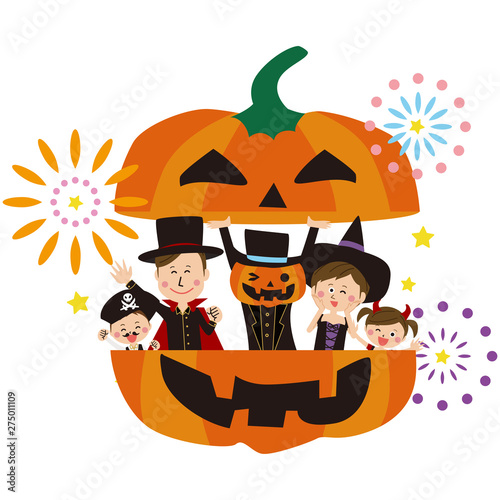 ポップな家族 ハロウィンの衣装を着てかぼちゃの中 Wall Mural Yoshidaakiko1223
