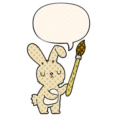 cartoon rabbit and paint brush and speech bubble in comic book style