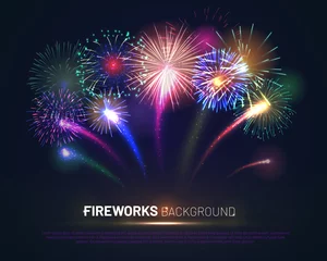 Foto op Canvas Brightly colorful fireworks on twilight background with free space for text. Realistic fireworks explosion and shining sparks. Pyrotechnics show vector illustration. Celebration and anniversary symbol © Sunflower