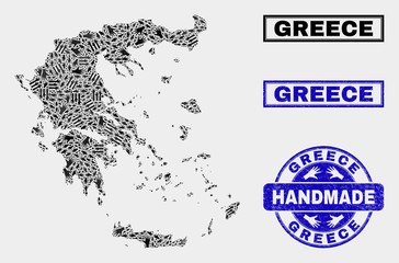 Vector handmade combination of Greece map and unclean seals. Mosaic Greece map is made of scattered hands. Blue stamp imprints with unclean rubber texture.