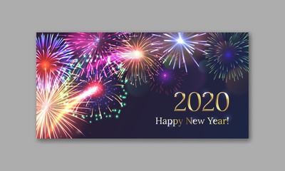 2020 Happy New Year greeting card realistic colorfull fireworks. Brightly shining fireworks flash on dark background. Traditional winter holiday banner vector illustration. Abstract holiday backdrop