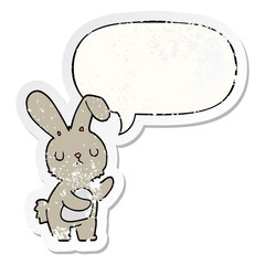 cute cartoon rabbit and speech bubble distressed sticker