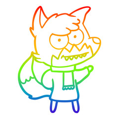 rainbow gradient line drawing cartoon grinning fox in winter clothes