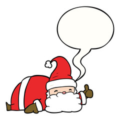 cartoon sleepy santa giving thumbs up symbol and speech bubble
