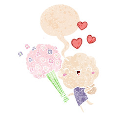 cute cartoon cloud head creature and speech bubble in retro textured style