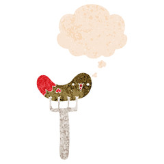 cartoon sausage and fork and thought bubble in retro textured style