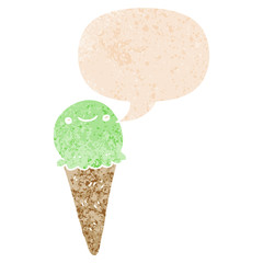 cartoon ice cream and speech bubble in retro textured style