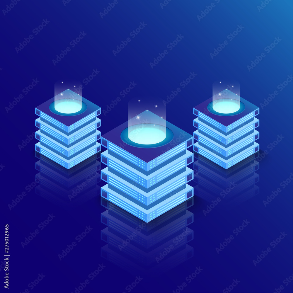 Poster isometric server room and big data processing concept, datacenter and data base icon. computation of