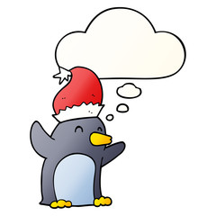 cute cartoon christmas penguin and thought bubble in smooth gradient style