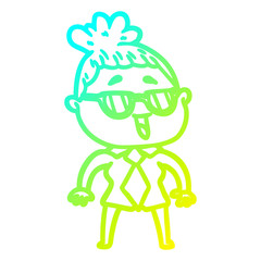 cold gradient line drawing cartoon happy woman wearing spectacles